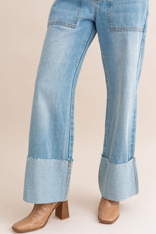 High-Waisted Wide Leg Cuffed Jeans - ONLINE ONLY