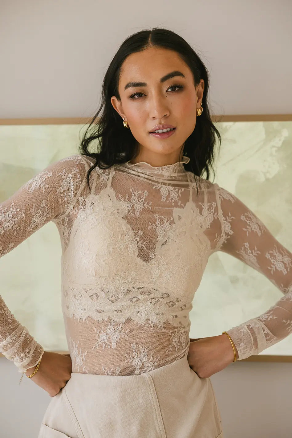 Long sleeve lace mesh top
