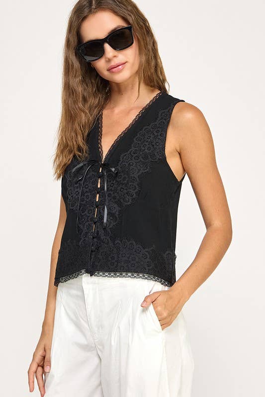 Lace Trim Front Tie Cami Top