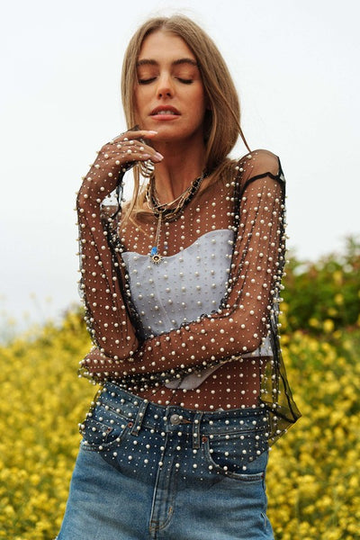 Bead and Pearl Long Sleeve Mesh Top - ONLINE ONLY