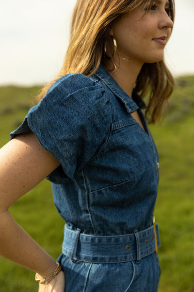 Puff Sleeve Denim Belted Mini Dress