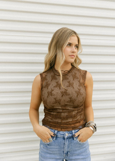 Sheer Lace Tank - mocha