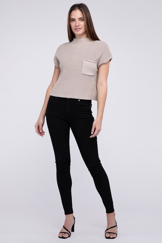 Mock Neck Short Sleeve Cropped Sweater - ONLINE ONLY