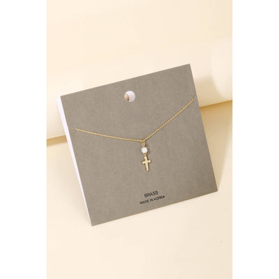 Pearl And Textured Cross Charm Necklace