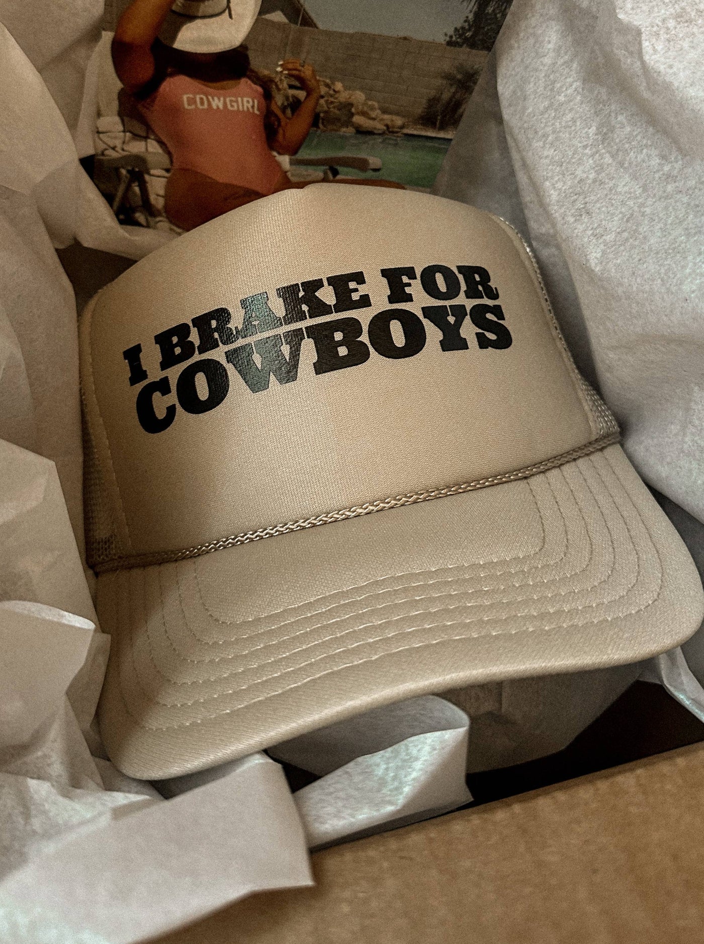 BRAKE FOR COWBOYS TRUCKER HAT