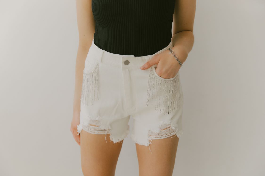 White fringe rhinestone shorts