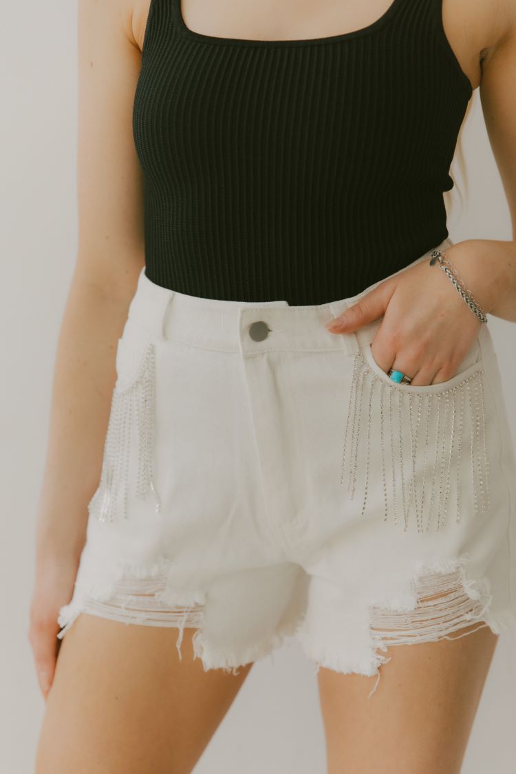 White fringe rhinestone shorts
